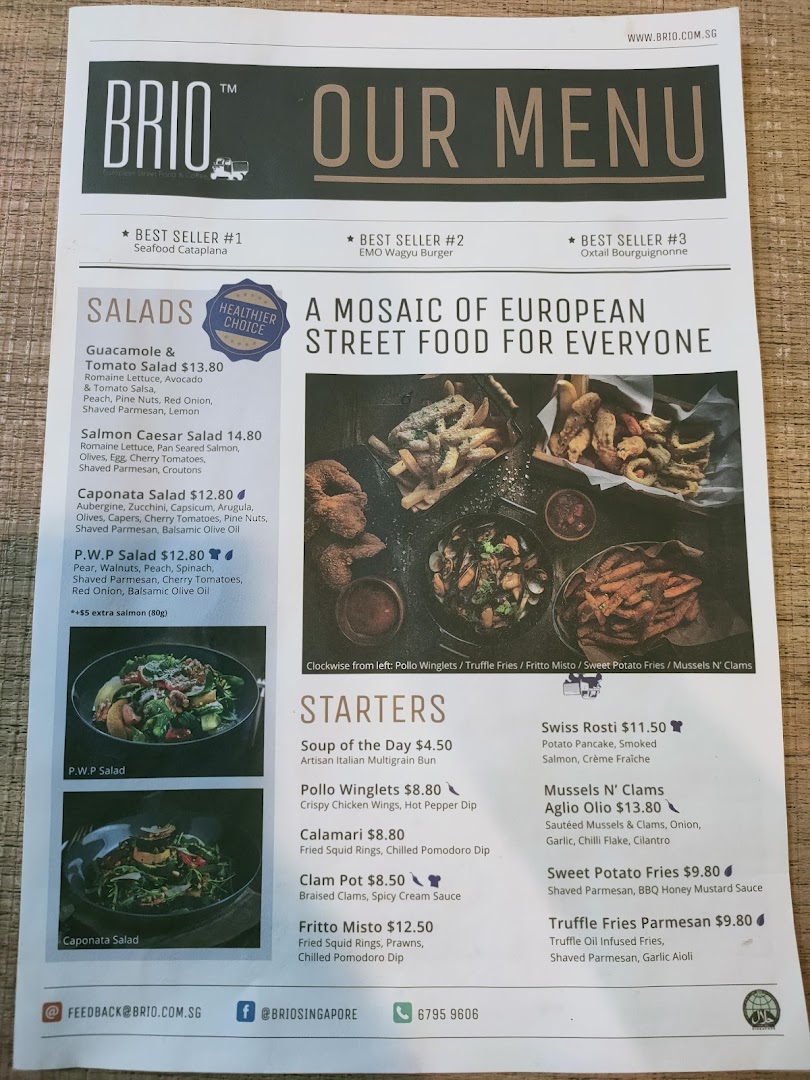 A detailed menu from Brio, showcasing European street food, salads, and starters with prices.