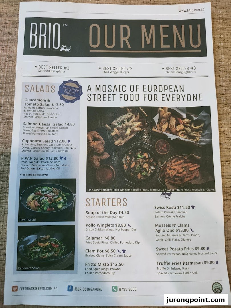A detailed menu from Brio, showcasing European street food, salads, and starters with prices.