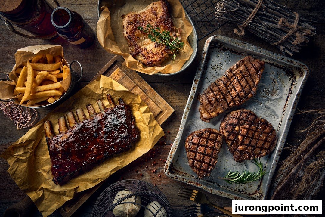 An overhead view of a rustic spread featuring grilled ribs, steaks, pork chop, and golden fries.