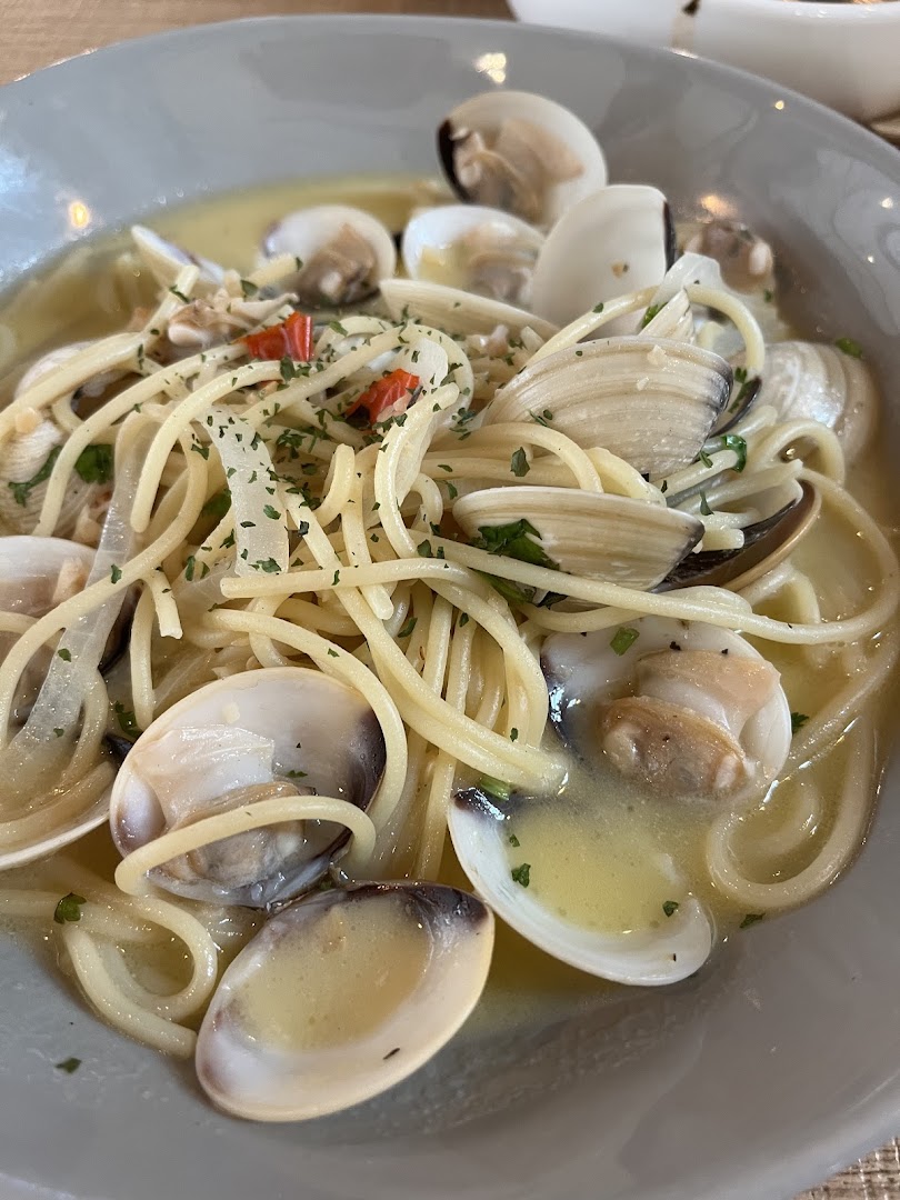 A close-up of spaghetti alle vongole, featuring clams, pasta, and a light sauce.