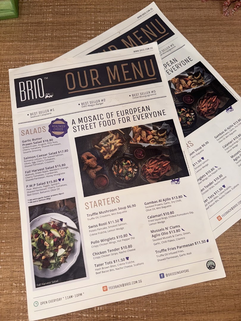 A detailed menu from Brio showcasing European street food, including salads and starters.