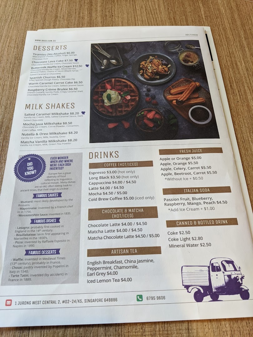 A detailed menu from Brio showcasing desserts, milkshakes, and various hot and cold beverages.