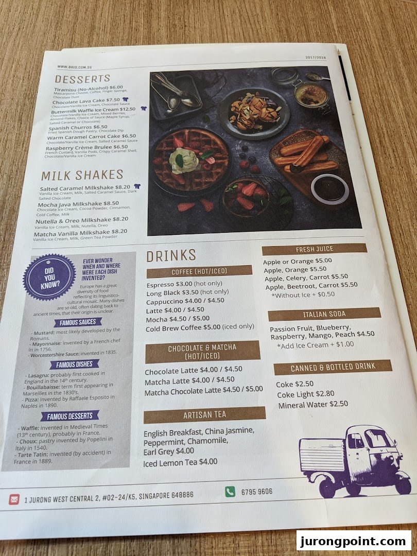 A detailed menu from Brio showcasing desserts, milkshakes, and various hot and cold beverages.