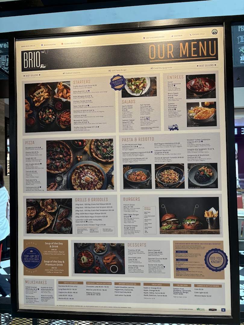 A comprehensive menu board for Brio restaurant, showcasing a variety of dishes and drinks.