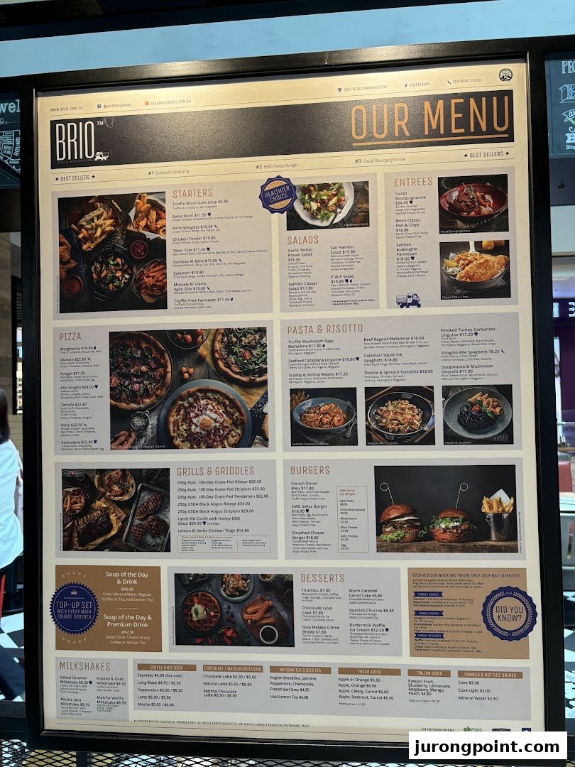 A comprehensive menu board for Brio restaurant, showcasing a variety of dishes and drinks.