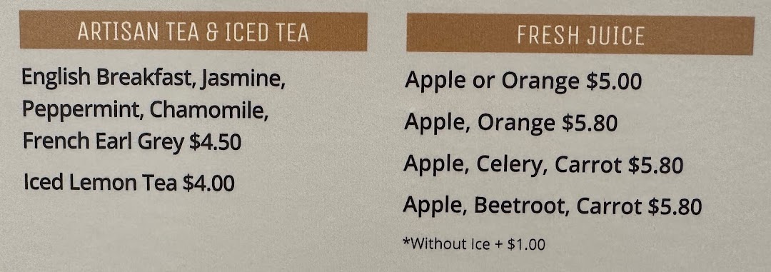 A close-up view of Brio's beverage menu featuring artisan teas and fresh juices.