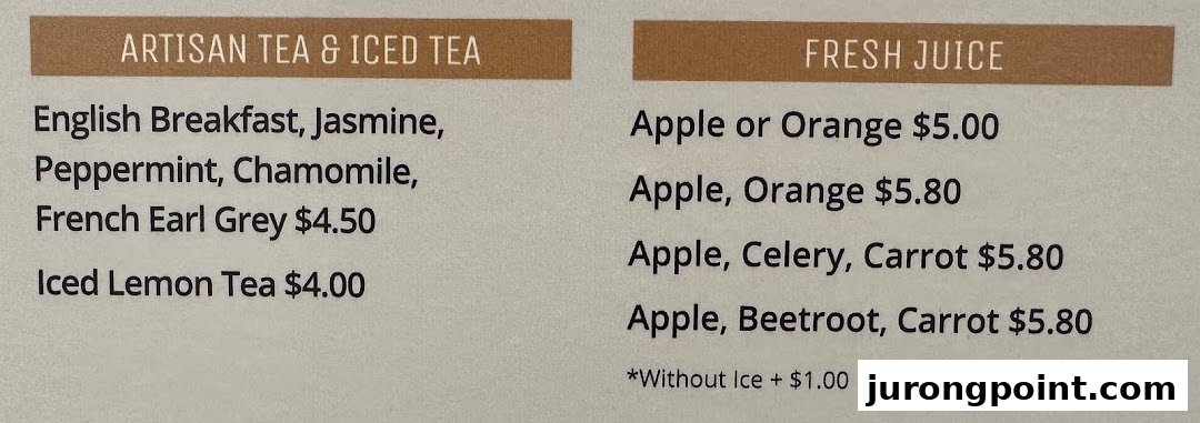 A close-up view of Brio's beverage menu featuring artisan teas and fresh juices.