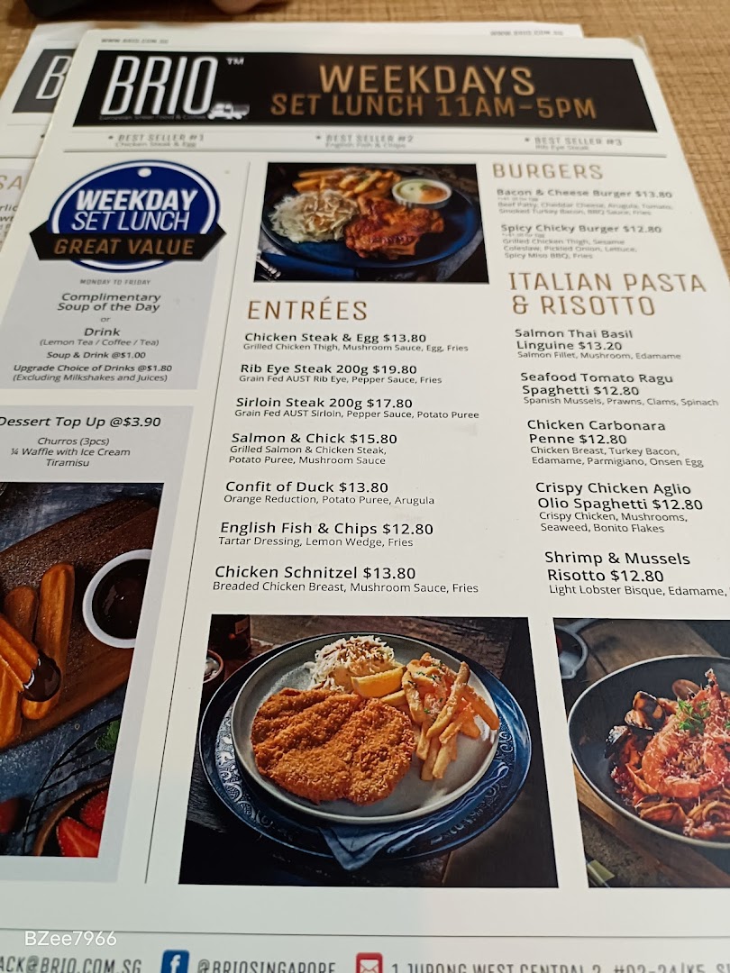 A detailed menu from Brio restaurant, showcasing their weekday set lunch, entrees, burgers, and Italian dishes.