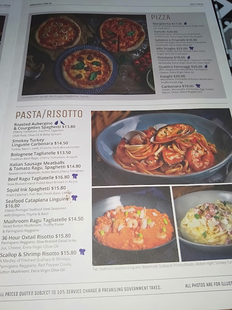 A detailed menu page from Brio, showcasing a variety of pizzas, pastas, and risottos.