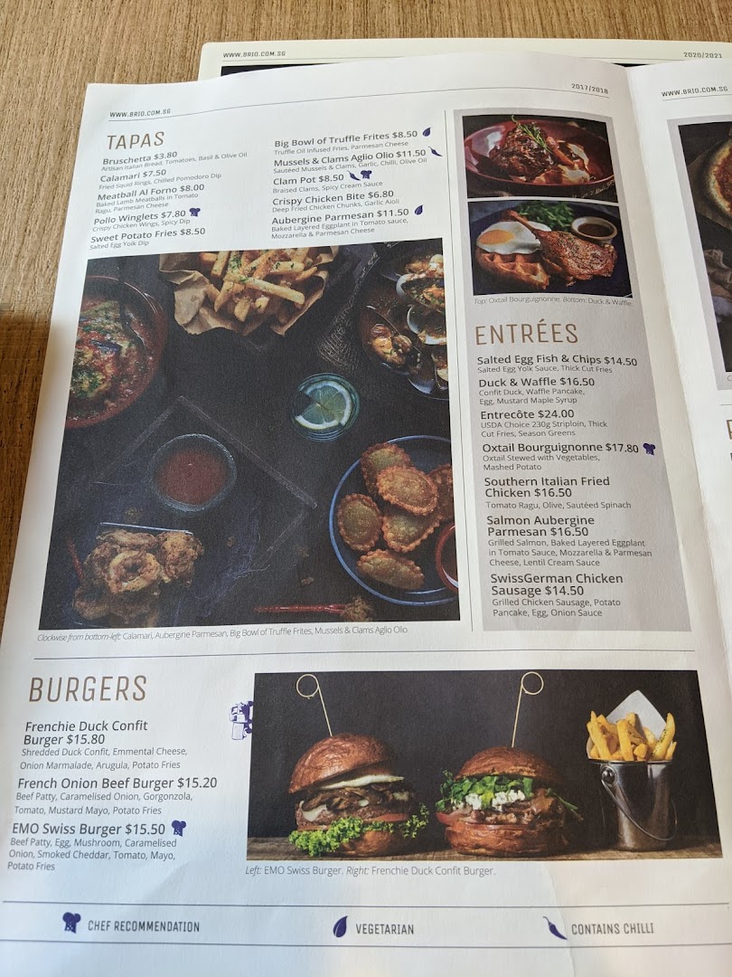 A detailed menu page from Brio, showcasing a variety of tapas, entrées, and burgers.
