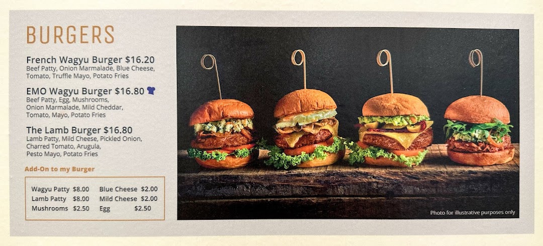 A menu displaying gourmet burger options and add-ons with illustrative photos.
