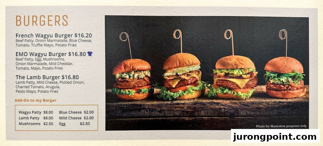 A menu displaying gourmet burger options and add-ons with illustrative photos.