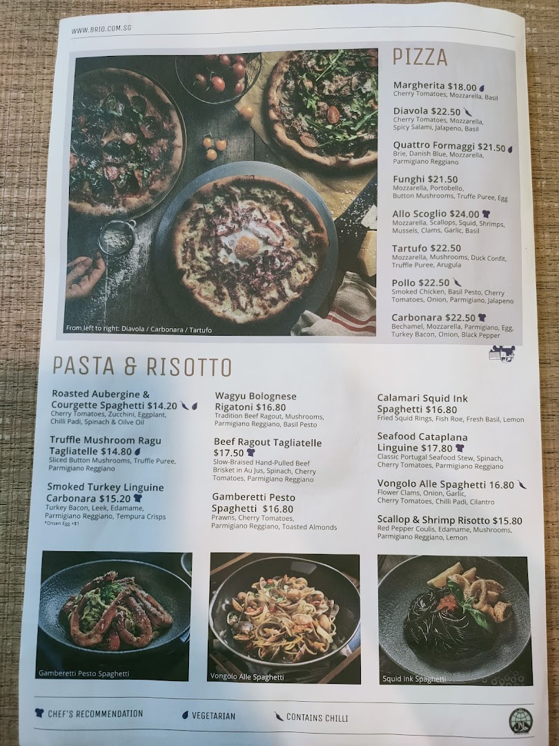 A detailed menu from Brio featuring a variety of pizzas, pastas, and risottos.