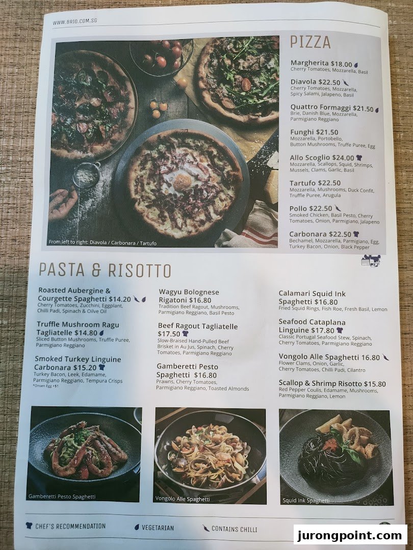 A detailed menu from Brio featuring a variety of pizzas, pastas, and risottos.