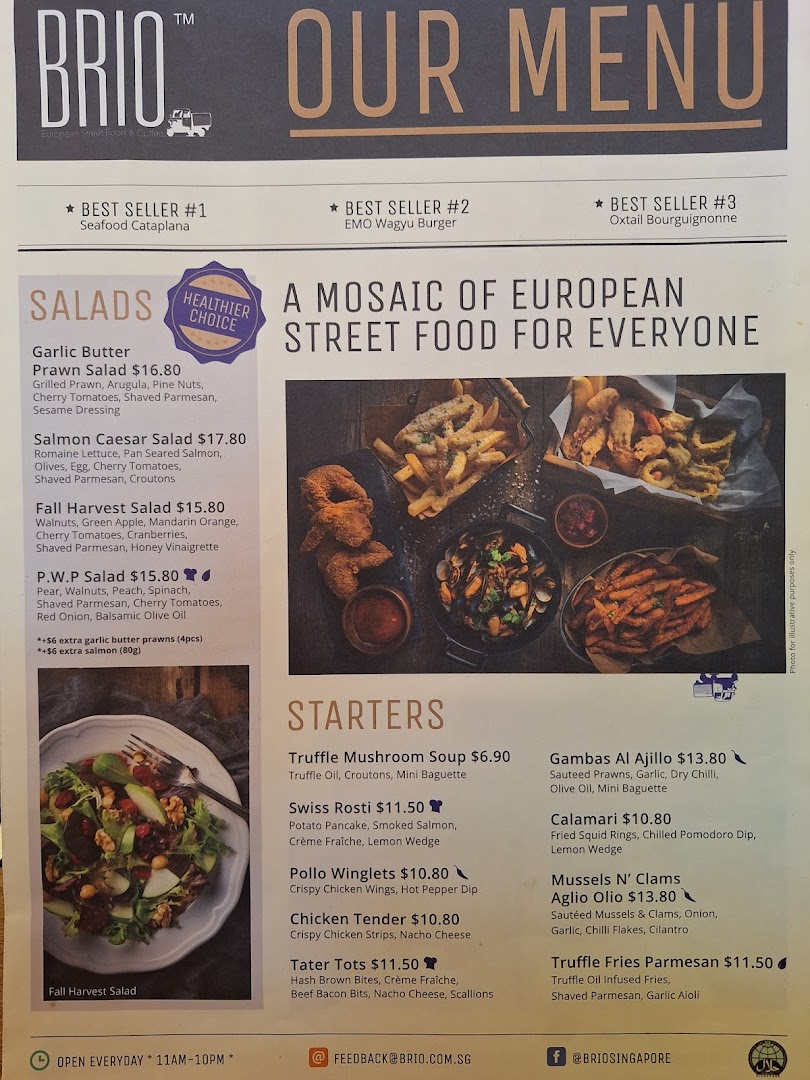 A detailed menu from Brio, showcasing European street food with salads and starters.
