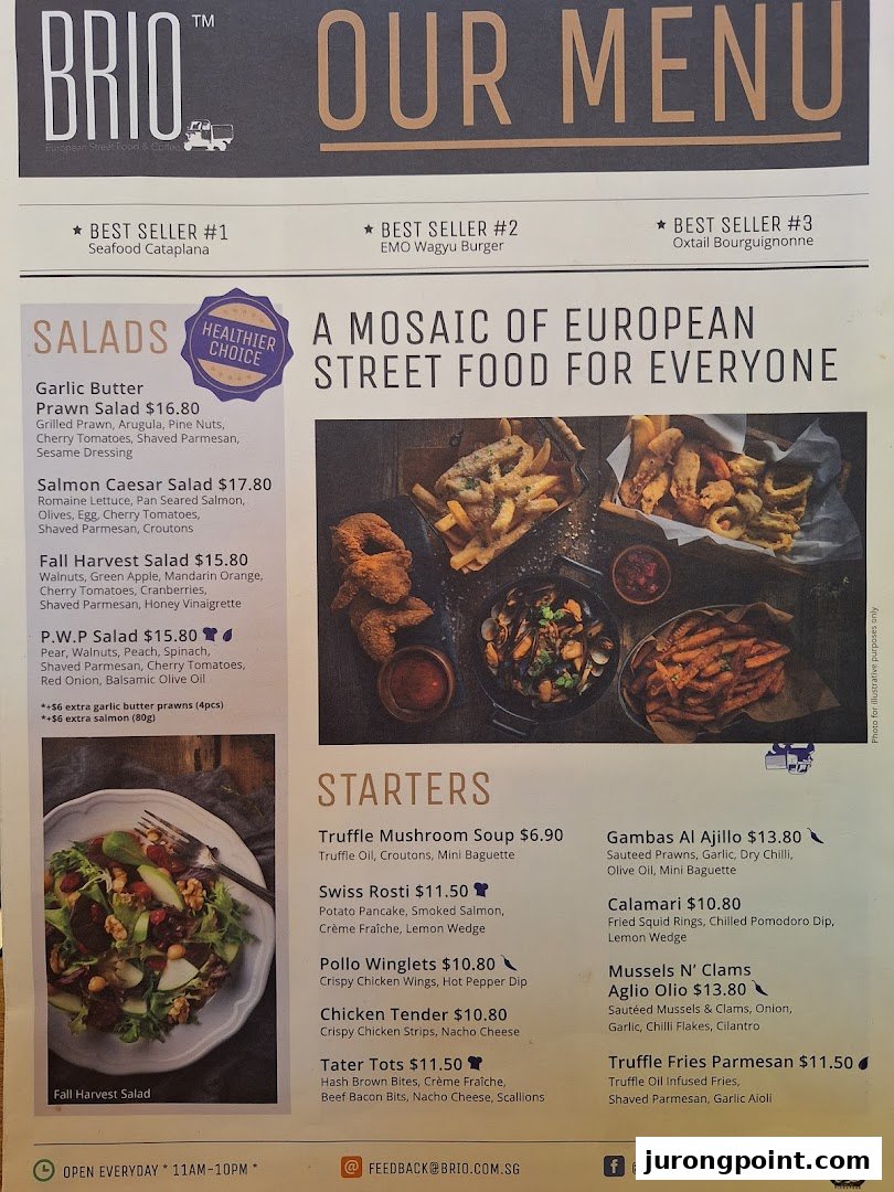 A detailed menu from Brio, showcasing European street food with salads and starters.