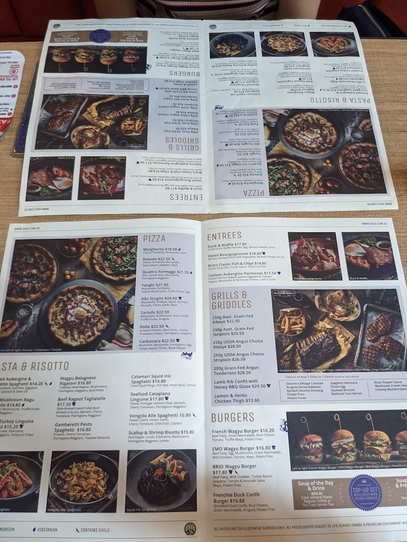 A detailed view of Brio's extensive menu, showcasing a variety of pizzas, pastas, grills, and burgers.