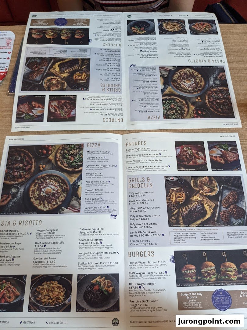 A detailed view of Brio's extensive menu, showcasing a variety of pizzas, pastas, grills, and burgers.