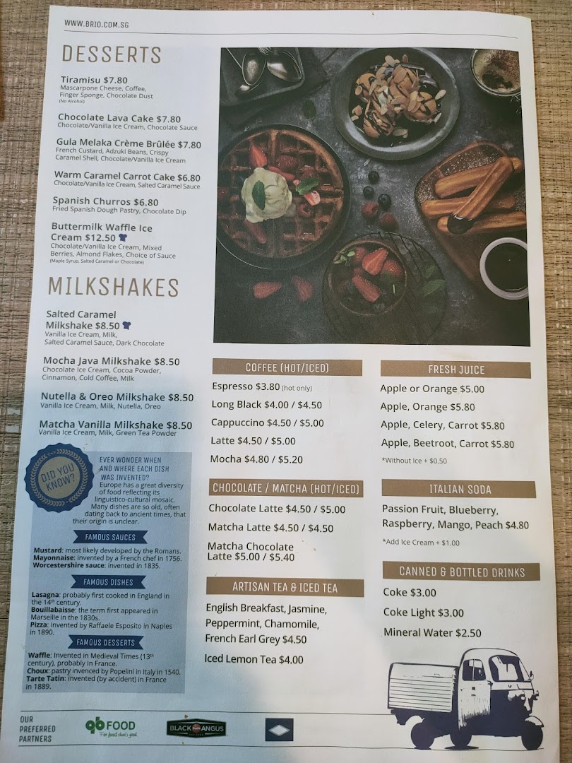 A detailed menu from Brio, showcasing desserts, milkshakes, coffees, juices, and other beverages.
