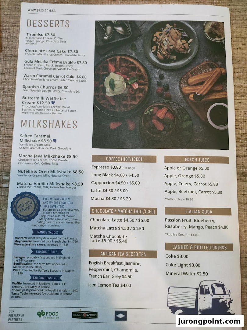 A detailed menu from Brio, showcasing desserts, milkshakes, coffees, juices, and other beverages.