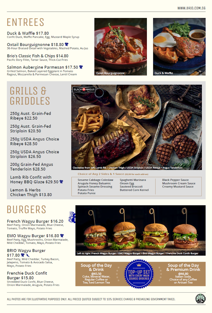 A comprehensive menu from Brio featuring entrees, grills, burgers, and drink options with prices.