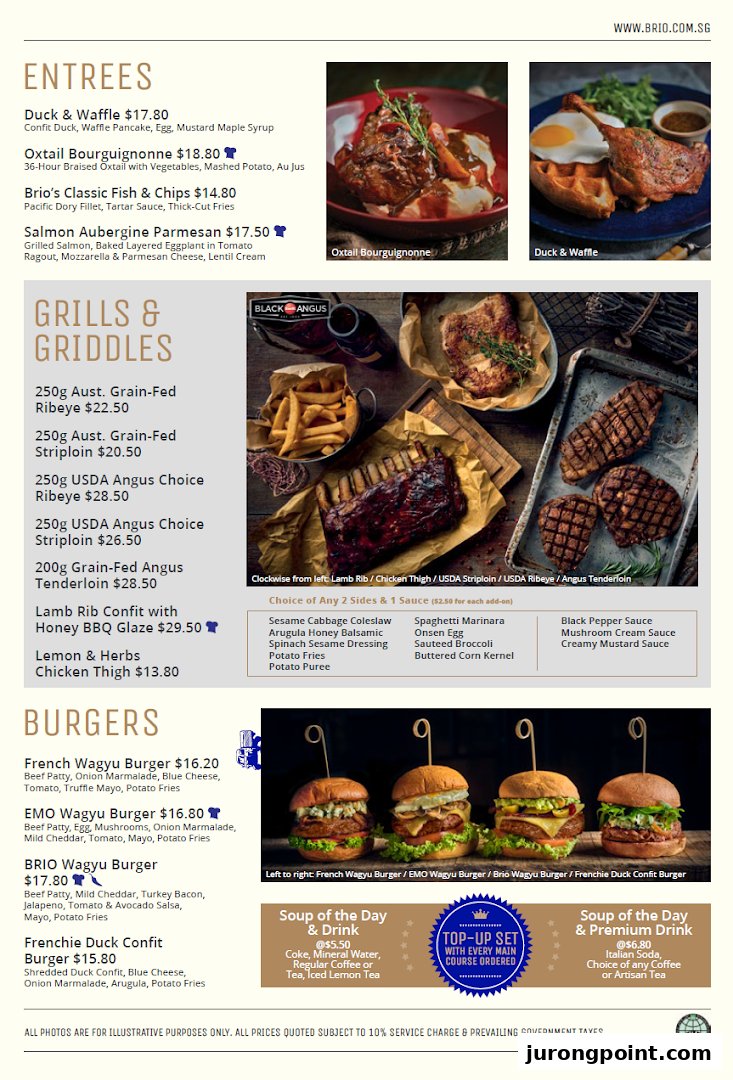 A comprehensive menu from Brio featuring entrees, grills, burgers, and drink options with prices.