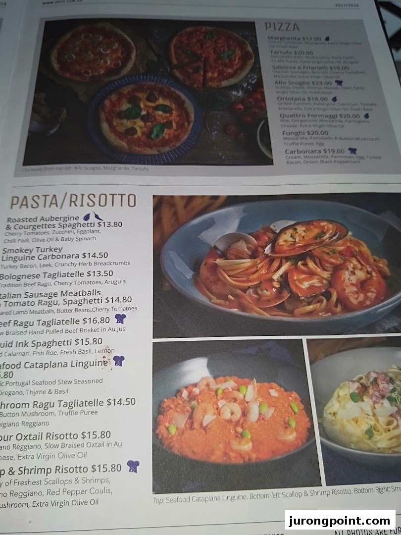 A detailed menu displaying various pizza, pasta, and risotto dishes with prices and descriptions.