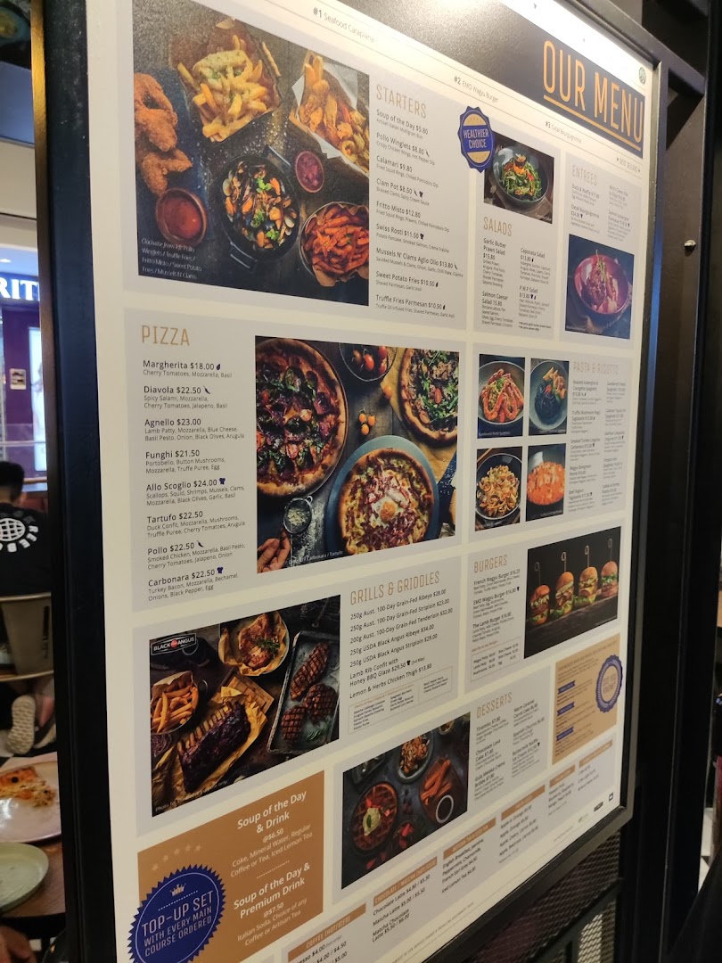 A comprehensive menu board for Brio restaurant, displaying various food and drink options.
