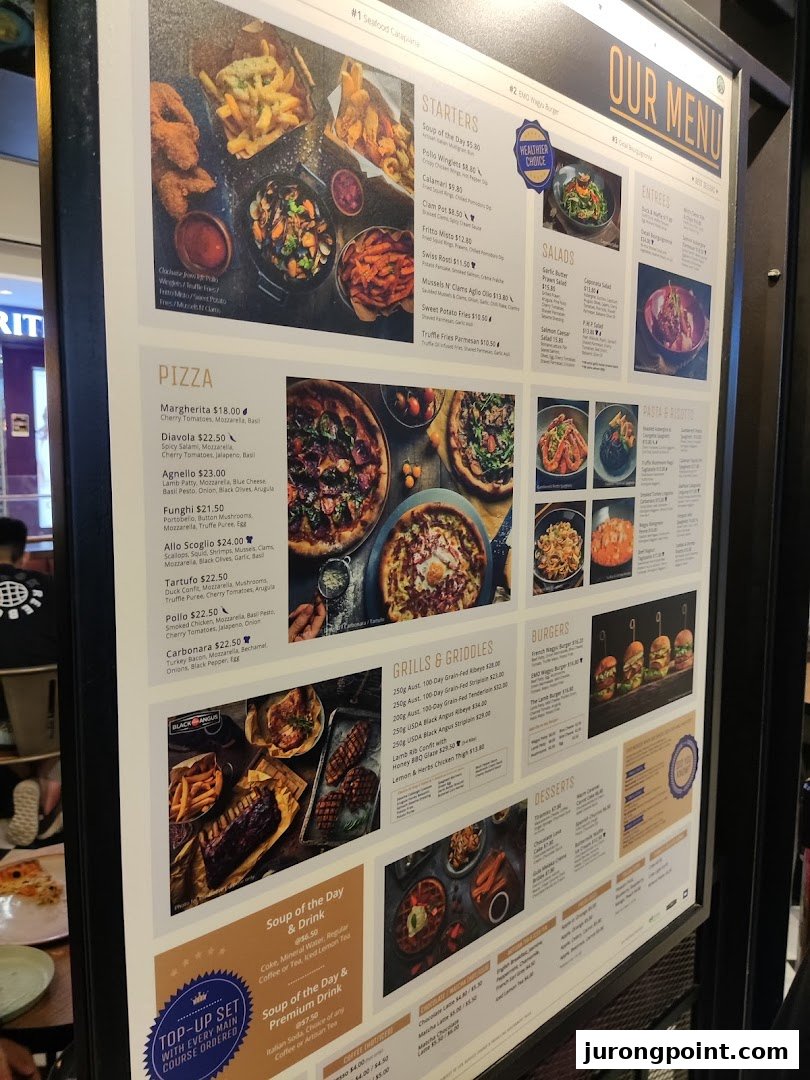 A comprehensive menu board for Brio restaurant, displaying various food and drink options.