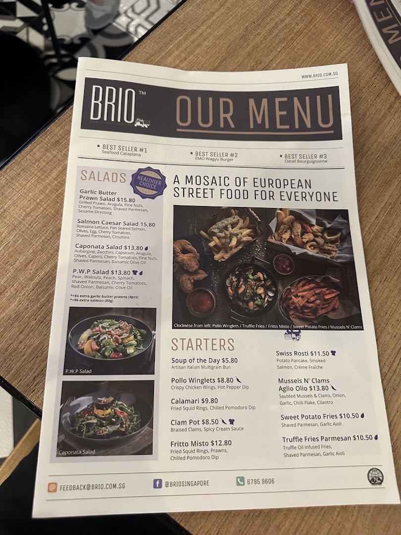 A close-up view of Brio's menu, showcasing European street food options.