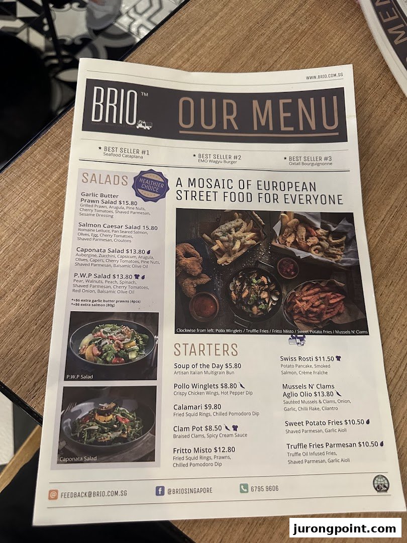 A close-up view of Brio's menu, showcasing European street food options.