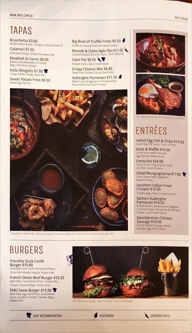 A comprehensive menu from Brio, featuring tapas, entrées, and burgers with prices and descriptions.