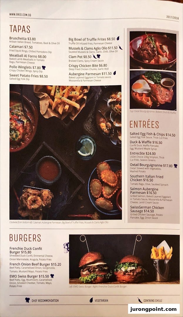 A comprehensive menu from Brio, featuring tapas, entrées, and burgers with prices and descriptions.