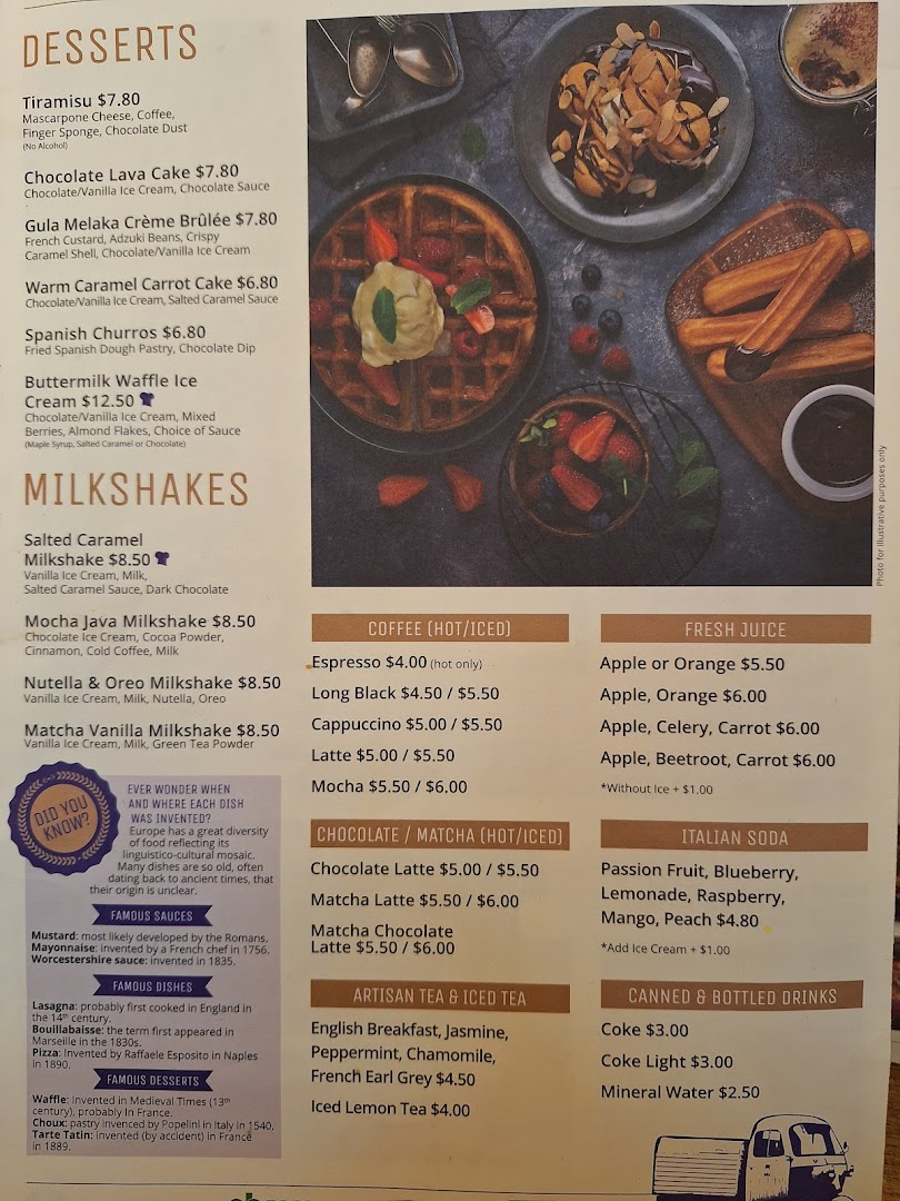 A detailed menu from Brio featuring desserts, milkshakes, coffees, teas, juices, and sodas.