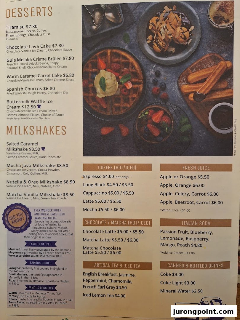 A detailed menu from Brio featuring desserts, milkshakes, coffees, teas, juices, and sodas.