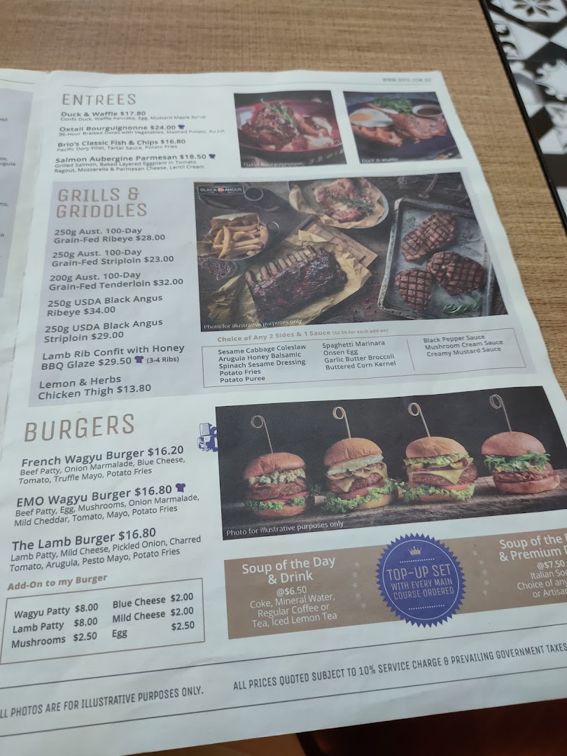 A detailed menu from Brio restaurant, showcasing a variety of entrees, grills, burgers, and beverages.