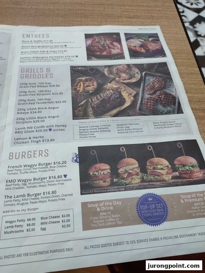 A detailed menu from Brio restaurant, showcasing a variety of entrees, grills, burgers, and beverages.