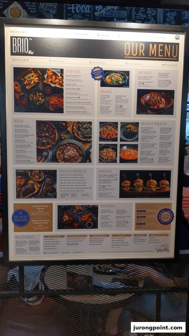 A brightly lit digital menu board for Brio, showcasing a variety of Italian-inspired dishes and drinks.