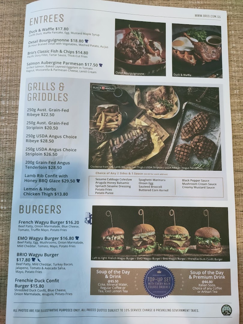 A detailed menu from Brio restaurant, showcasing entrees, grills, burgers, and sides.