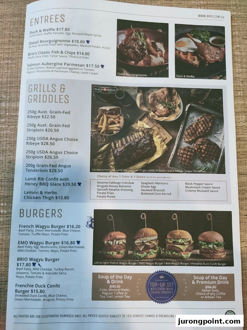 A detailed menu from Brio restaurant, showcasing entrees, grills, burgers, and sides.
