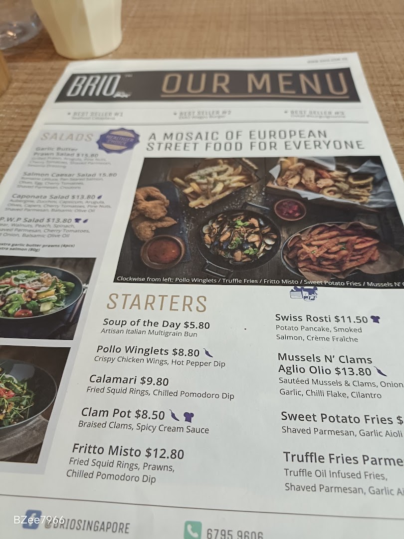 A close-up view of Brio's menu, showcasing European street food options and prices.