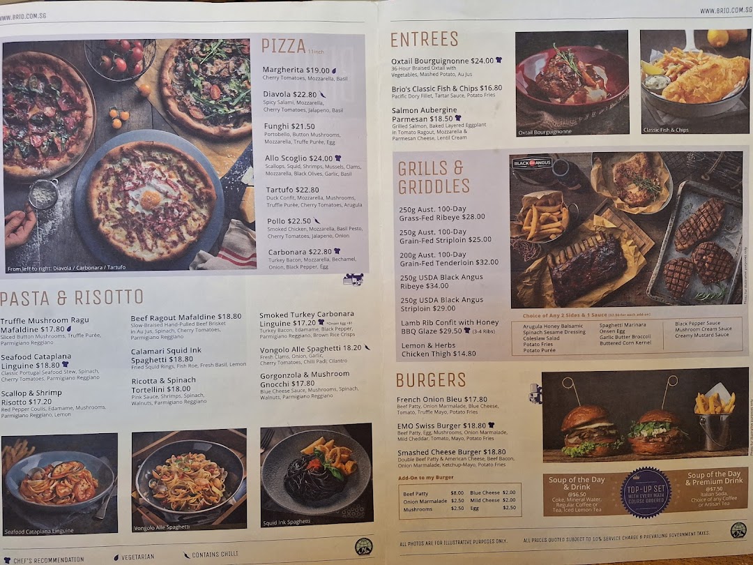 A comprehensive menu from Brio, showcasing a variety of Italian and Western dishes.