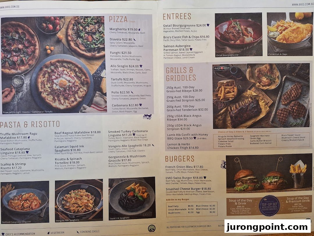 A comprehensive menu from Brio, showcasing a variety of Italian and Western dishes.