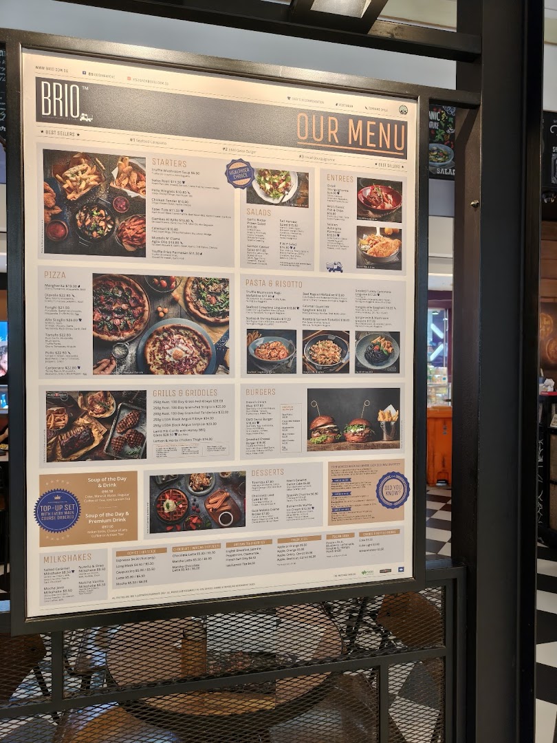 A brightly lit menu board for Brio, showcasing a wide array of Italian-inspired dishes and drinks.