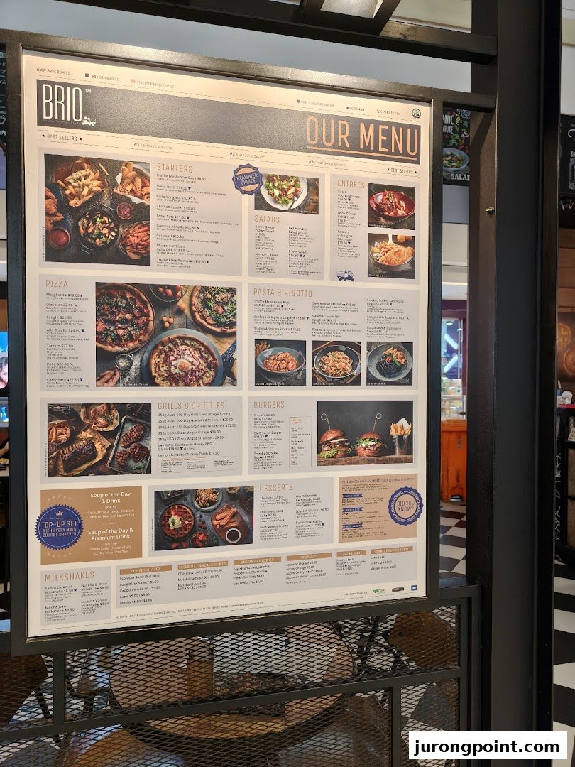 A brightly lit menu board for Brio, showcasing a wide array of Italian-inspired dishes and drinks.
