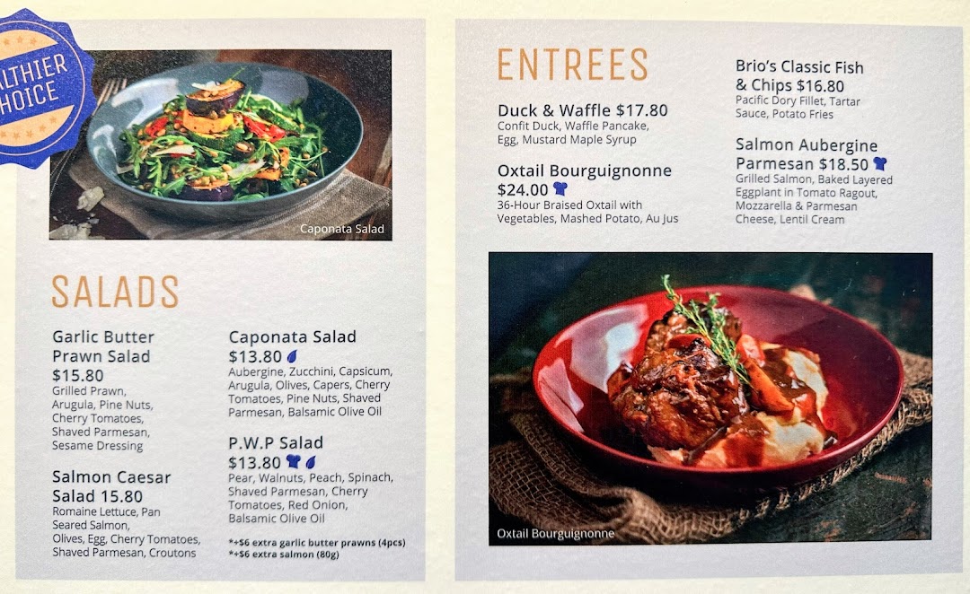 A menu from Brio featuring a selection of salads and entrees with prices and descriptions.
