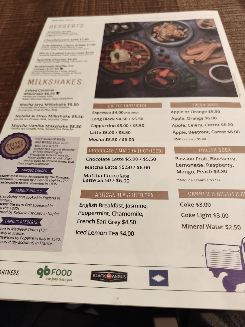 A detailed menu from Brio, featuring desserts, milkshakes, coffees, juices, and teas.
