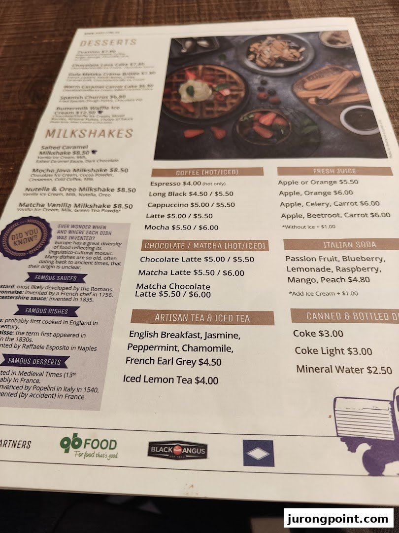 A detailed menu from Brio, featuring desserts, milkshakes, coffees, juices, and teas.