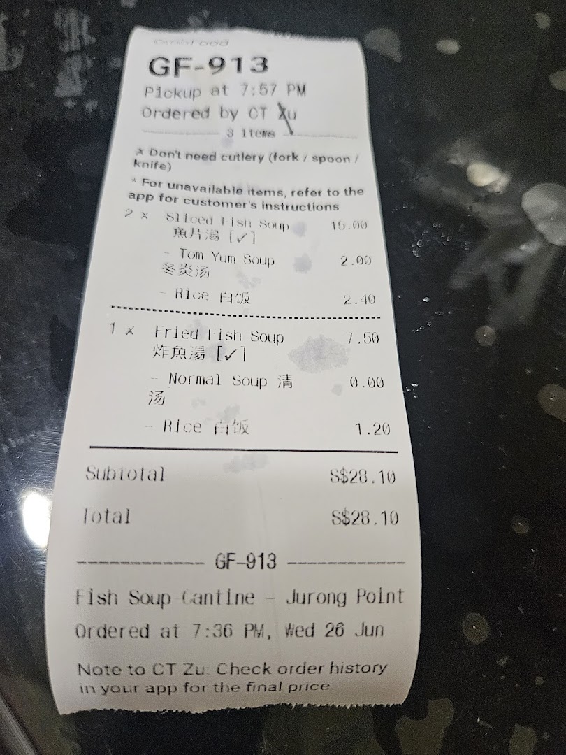 A detailed food order receipt from Fish Soup Cantine, showing various fish soup dishes and sides.