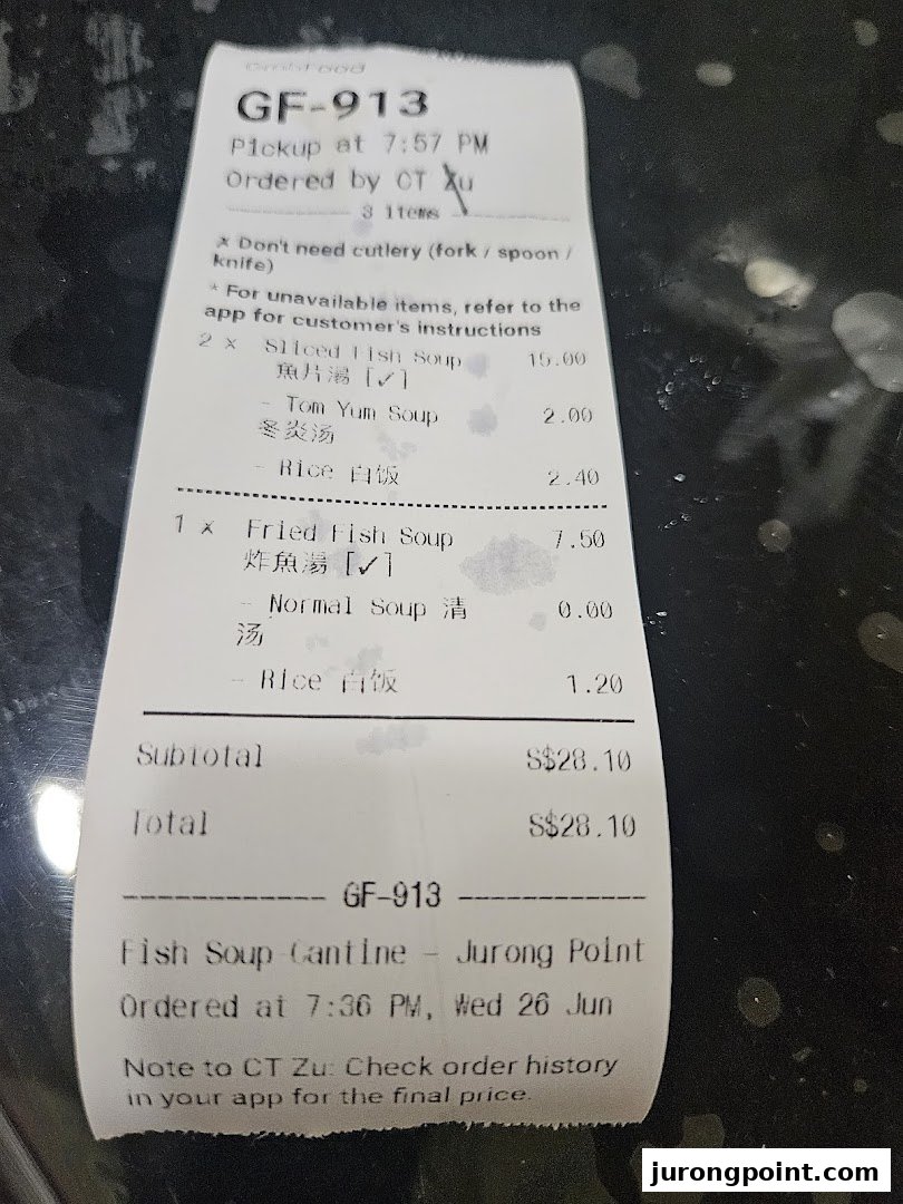 A detailed food order receipt from Fish Soup Cantine, showing various fish soup dishes and sides.